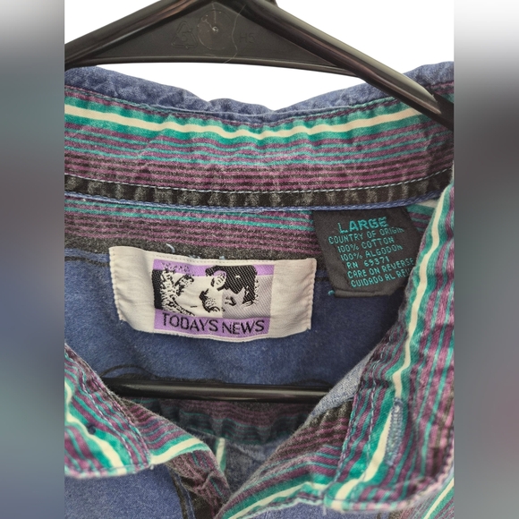 Men's Striped Button Down Shirt - Blue and Green - Picture 3 of 3